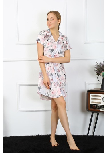 Akbeniz Kadın Penye Kısa Kol Düğmeli Somon Tunik Gecelik 13104-somon Somon