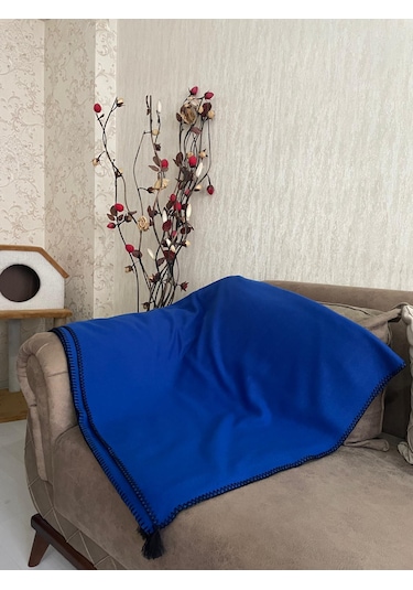 Püsküllü Çoban Dikişli Tek Kişilik Polar Battaniye 150x180 Cm Mavi