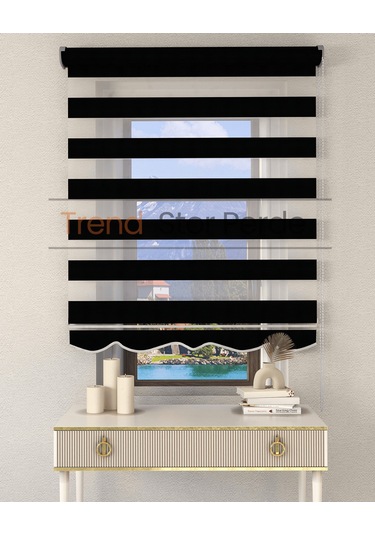 Siyah Bambu Etek Dilimli Zebra Stor Güneşlik Perde Kırık Siyah