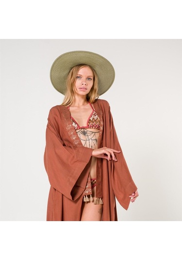 Eli Kadın Pul Baskılı Kimono-Tarçın-Standart Tarçın