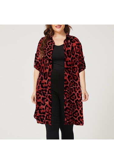 Kadın Yaz Casual Uzun Kollu Leopar Baskılı Şifon Gömlek Kırmızı