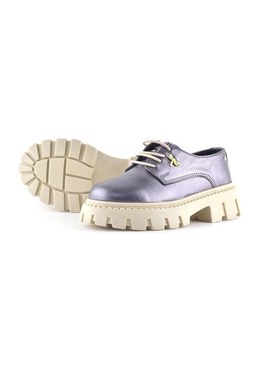 Rakerplus Platin Hakiki Deri Toka Detaylı Bağcıklı Kız Çocuk Günlük Ayakkabı Platin