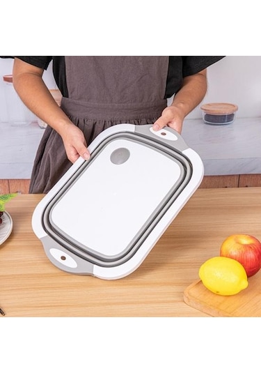 Gri Derin Oluk Tasarımlı Kesme Tahtası Küf Önleyici Kaymaz Çok Fonksiyonlu Damlalıklı Sepet