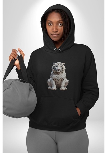 Beyaz Kaplan Kadın Erkek Siyah Kapüşonlu Sweatshirt Hoodie Siyah
