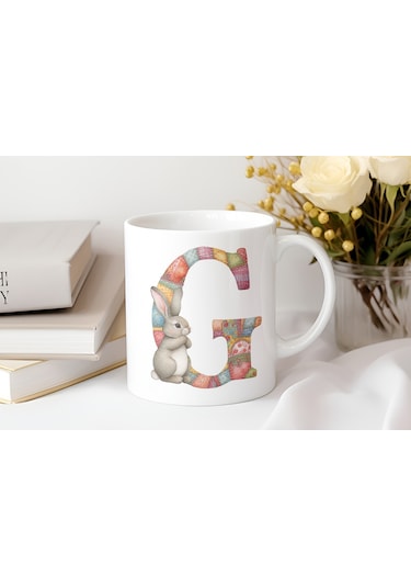 G Harfli Tavşan Kupa - Patchwork / Yamalı Desenli İsme Özel Kupa - Pastel Vintage Tarz Hediyelik Beyaz