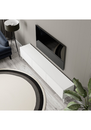 1250 Elisa 3 Kapaklı Kulpsuz 180 Cm Ayaklı Tv Ünitesi Beyaz