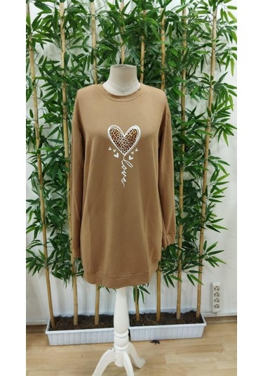 Kadın Uzun Kollu Bisiklet Yaka Kalp Desenli Kısa Viskon Elbise Bej