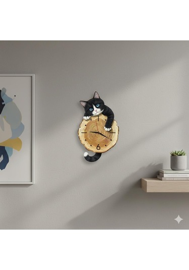 Cajuart Kütük Üzerinden Bakan Smokin Kedi Tasarımlı Duvar Saati Modern Dekoratif Saat Kahverengi