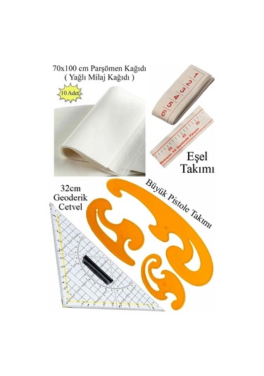 Geoderik Üçgen Cetvel 32cm Ve Pistole Cetvel Takımı Yağlı Parşömen Milaj Kağıdı Eşel Takımı Modalist Terzi Çizim Çok Renkli
