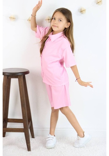 Gömlek Oversize Kız Şort Takım Soft Pembe Açık Pembe