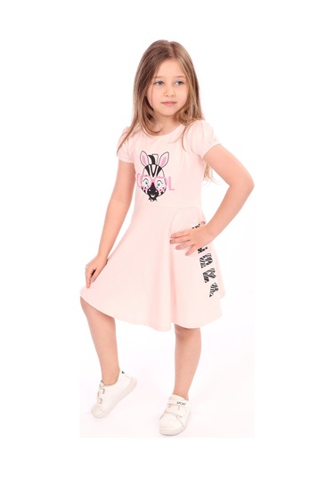 Toontoy Kız Çocuk Bisiklet Yaka Zebra Baskılı Elbise Pudra