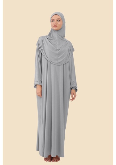 Tek Parça Tesettür Namaz Elbisesi Tak Çıkar Başörtülü Organik Pamuklu Lastikli Kolu Kaymaz Penye Gri