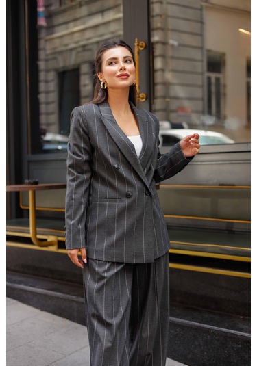 4 Düğmeli Kruvaze Geniş Çizgili Takım Antrasit Antrasit