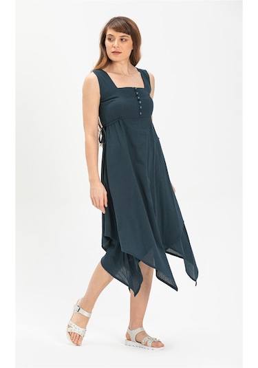 Kolsuz Şile Bezi Üçgen Katlı Midi Boy Elbise Petrol Ptrl Petrol