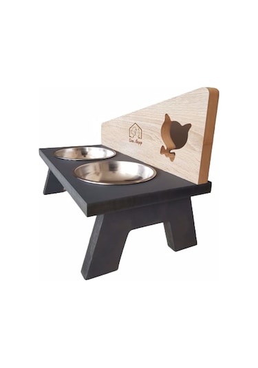 Liva Kedi Figürlü Ahşap Standlı İkili Kedi Mama ve Su Kabı