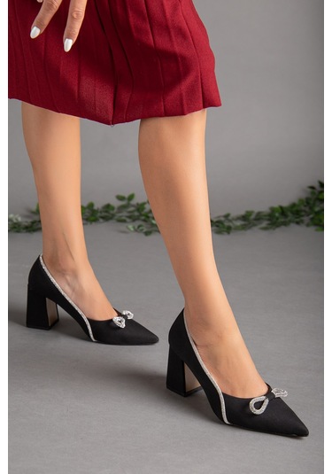 Saten Taşlı Kalın Topuk Siyah Kadın Stiletto-2029-SIYAH Siyah