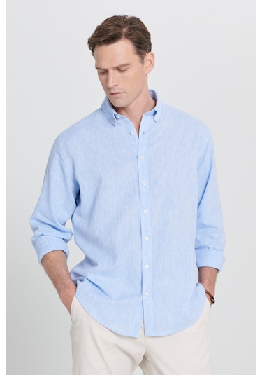 Erkek Mavı Comfort Fit Rahat Kesim Düğmeli Yaka Keten Gömlek Mavi