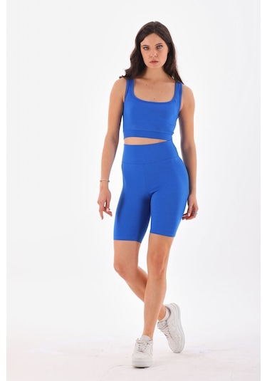 Kallima Mavi Toparlayıcı Esnek Fitilli Spor Crop-biker Tayt Takım