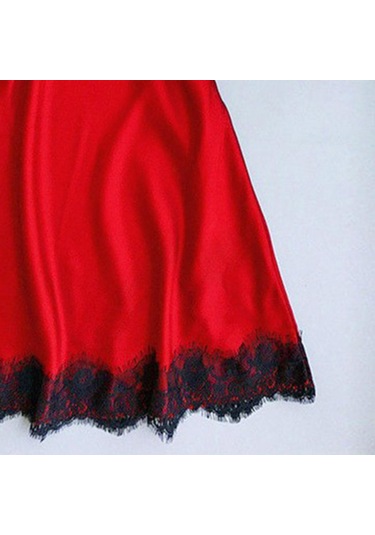 Dolıty Kadınlar Dantel Trim Saten Gecelik Lingerie Pijama Kırmızı+siyah Kırmızı-Siyah