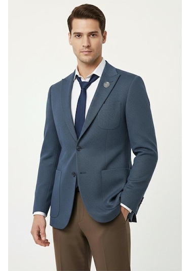Presto Erkek Slim 6 Drop Örme Torba Cep Ceket Mavi 1639-004 Mavi