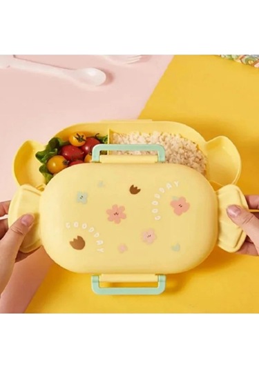 Sevimli Şeker Şekilli Çocuk Beslenme Kutusu Kaşıklı 2 Bölmeli Yemek Saklama Kabı Sarı