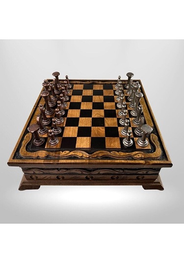 Mc02 Metalicraft Premium Metal Satranç Takımı - Doğal Ahşap Çekmeceli Ceviz Tahta - El Yapımı