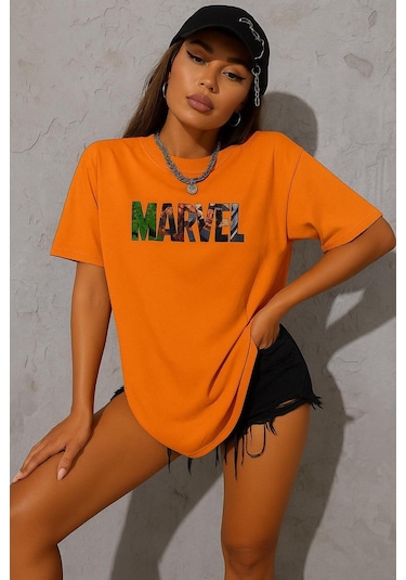 Marvel Baskılı Oversize Beyaz T-shirt Turuncu