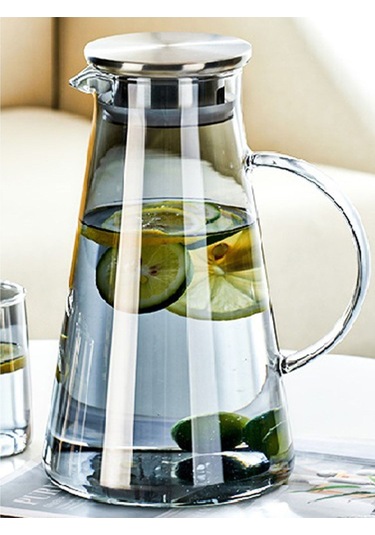 Qerhome Borosilikat Cam Metal Kapaklı Lüks Sürahi 1900 Ml Füme