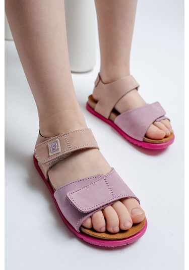 Mnpc Unisex Çocuk Lila-pembe Hakiki Deri Mantar Tabanlı Günlük Çocuk Sandalet 25y2s10047789 Lila-pembe