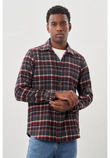 Vişne Yünlü Ekose Desen Yumuşak Yaka Cepsiz Uzun Kol Casual Comfort Fit Gömlek 1004245227 Vişne