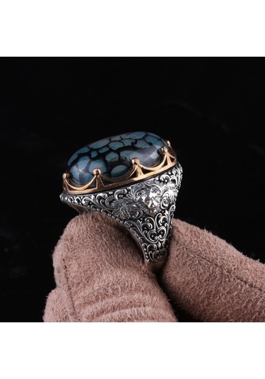 925 Ayar Gümüş Damarlı Yemen Akik Taşlı El İşçiliği Erkek Yüzük Silver