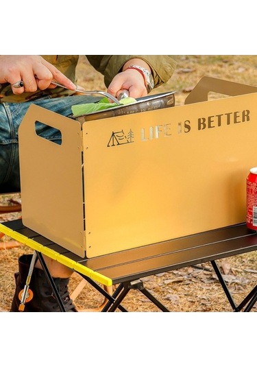 Prestigegoods Kamp Soba Yürüyüş İçin Katlanabilir Ön Cam Üç Katlı Brülör Rüzgar Ekranı Paslanmaz Çelik Haki 42x25x25cm Haki