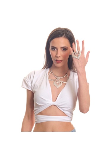 Labalaba Kadın Antik Gümüş Kaplama Kalp Charm Detaylı Tasarım Kolye & Yüzük Seti Gümüş