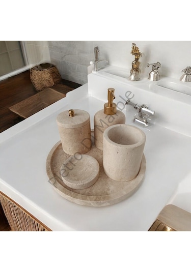 Sarı Traverten Klasik Model 5 Parça Mat Gold Renk Düğme Aksesuarlı Banyo Seti Sarı Traverten