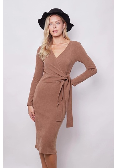 Kadın Hafif Likralı Triko Kruvaze Anvelop Bağcıklı Uzun Kol Diz Altı Uzun Elbise-camel Camel