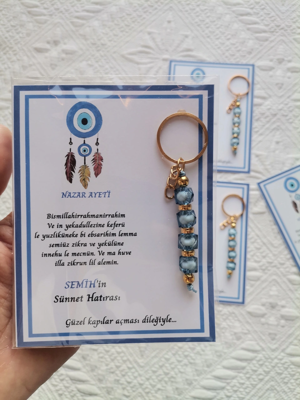 100 Adet Kişiye Özel Nazar Ayeti Sünnet Hatırası Dağıtmalık Hediyelik Mavi Renk Anahtarlık