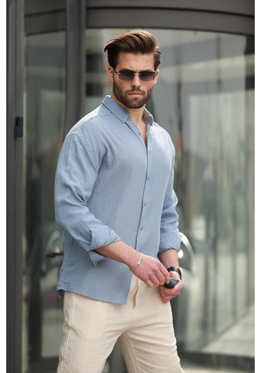 Madmext Mavi Basic %100 Pamuklu Uzun Kollu Erkek Gömlek E6761 Mavi