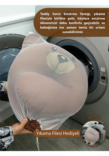 Mordesign Çift Taraflı Emzirme Yastığı Bebek Destek Minderi Hamile Yastığı Pamuk Kumaş Morbear Serisi Zg10047