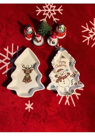 Yılbaşı Temalı 2'li Ağaç Tasarımlı Desenli Seramik Sunum Servis Tabağı 17x12 Cm Geyikli Ve Kardan Adamlı