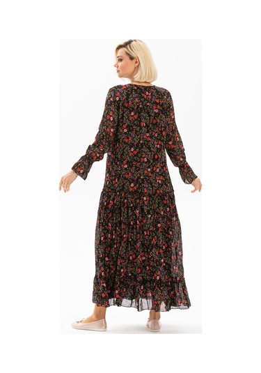 Uzun Kol Vual Gonca Uzun Elbise Tomurcuk Desen Siyah 6162-siyah Siyah