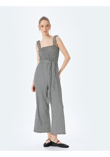 Koton Gipeli Kare Yaka Geniş Paça Kemerli Kolsuz Tulum Siyah Desenli 5sal40008ık Siyah Desenli Siyah