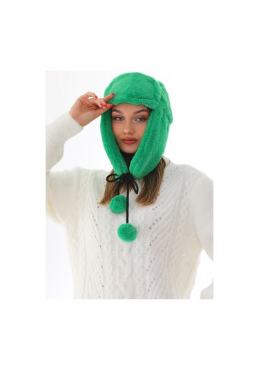 Kadın Yeşil Kürklü Kulaklıklı Peluş Şapka Yeşil