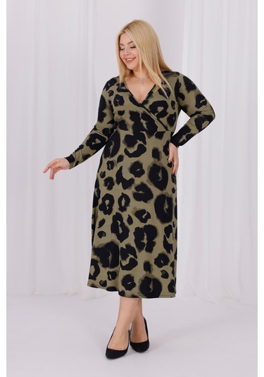 Kadın Haki Yeşil Leopar Desen Kruvaze Yaka Büyük Beden Esnek Maxi Elbise Haki