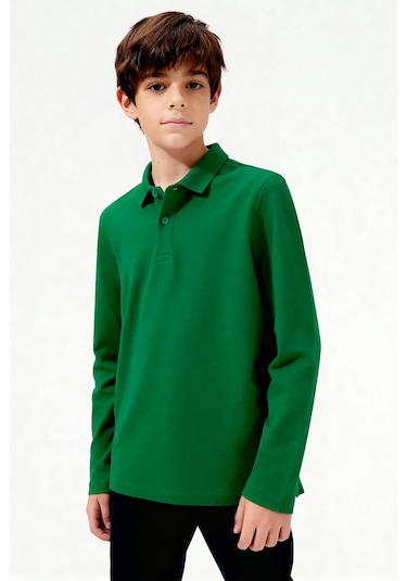 Yeşil Polo Yaka Basic Uzun Kollu Unisex Çocuk T-shirt - 11170 Yeşil
