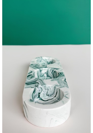 El Yapımı Yeşil Mermer Desenli 3 Gözlü Beton Tealight Mumluk Minimal Dekoratif Şamdan Yeşil