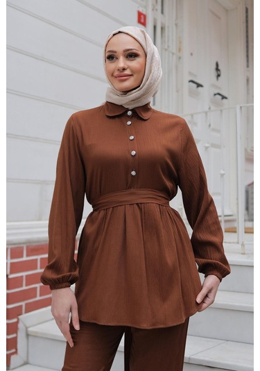 Taş Düğme Detaylı Takım Kahverengi Kahverengi