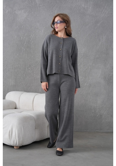 Kadın Bisiklet Yaka Düğme Kapama Kaşkorse Ceket Pantolon İkili Triko Takım Antrasit