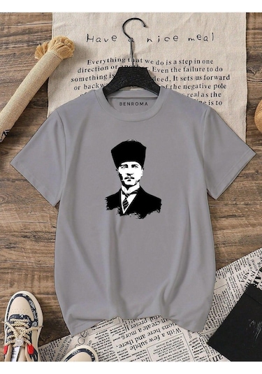 Atatürk Baskılı Oversize Unisex Tişört Gri