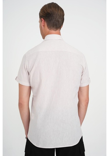 Comfort Fit Düğme Yaka Kısa Kol %100 Keten Düz Bej Gömlek G 1596 Bej
