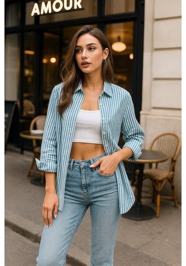 Kadın Çizgili Oversize Gömlek Mint Yeşili Beyaz Pamuk Gömlek Mint Yeşili